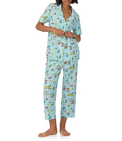 BedHead Surfside Snoopy Printed Short Sleeve Notch Collar Organic Cotton Blend Knit Cropped Pajama Set