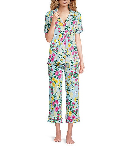 BedHead Tropical Paradise Print Short Sleeve Notch Collar Organic Cotton Blend Knit Cropped Pajama Set