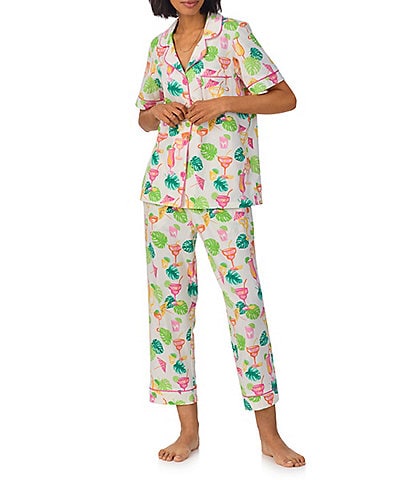 BedHead Vacation Print Short Sleeve Notch Collar Organic Cotton Blend Knit Cropped Pajama Set