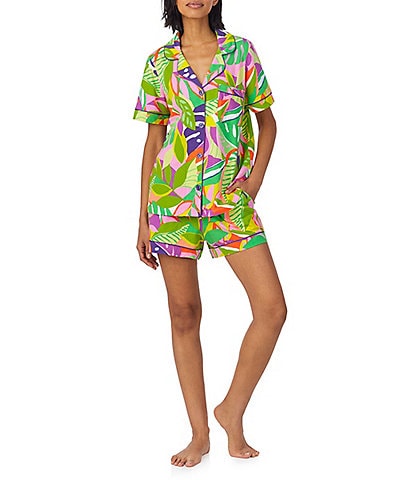 BedHead x Trina Turk Jungle Leaves Print Short Sleeve Notch Collar Organic Cotton Knit Shorty Pajama Set