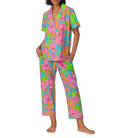 BedHead x Trina Turk Linear Floral Print Short Sleeve Notch Collar Organic Cotton Woven Cropped Pajama Set