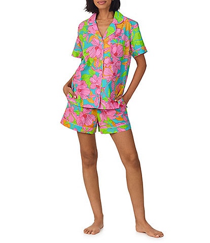 BedHead x Trina Turk Linear Floral Print Short Sleeve Notch Collar Organic Cotton Woven Shorty Pajama Set
