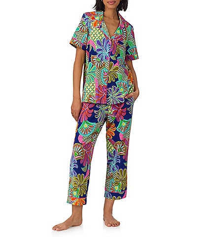 BedHead x Trina Turk Zanzibar Tropical Print Short Sleeve Notch Collar Organic Cotton Blend Knit Cropped Pajama Set