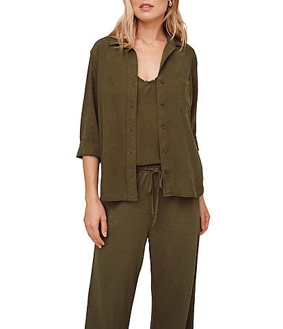 Bella Dahl Woven Point Collar Neckline 3/4 Sleeve Button Down Shirt