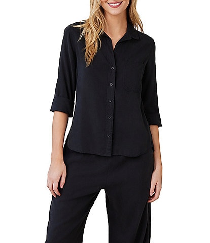 Bella Dahl Woven Point Collar Neckline 3/4 Sleeve Button Down Shirt