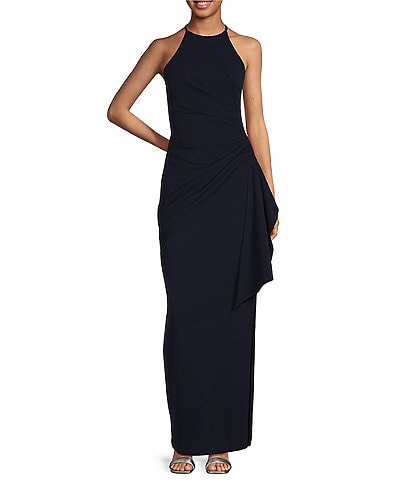 Belle by Badgley Mischka Cara Halter Neck Sleeveless Stretch Crepe Ruched Side Slit Sheath Gown