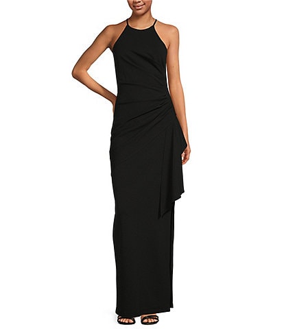 Belle Badgley Mischka Cara Halter Neck Sleeveless Stretch Crepe Ruched Side Slit Sheath Gown