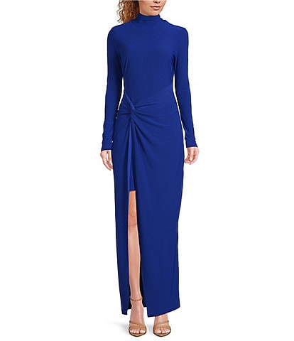 Belle Badgley Mischka Hailey Jersey Knit Mock Neck Long Sleeve A-Line Front Slit Dress