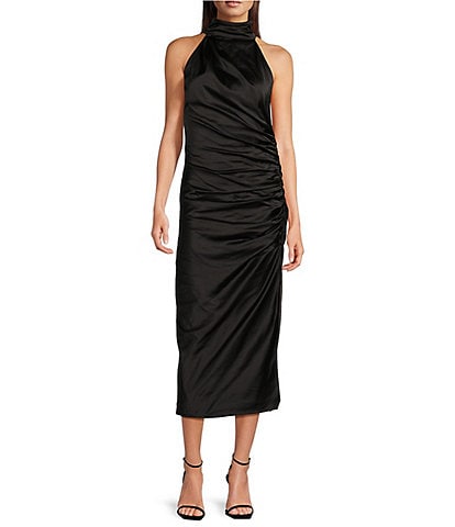 Belle Badgley Mischka Holly Satin Mock Neck Sleeveless Sheath Dress