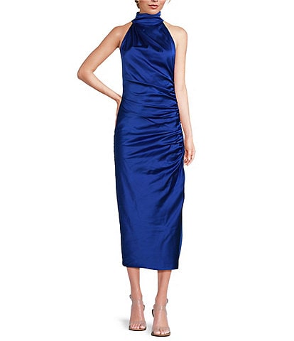 Belle Badgley Mischka Holly Satin Mock Neck Sleeveless Sheath Dress