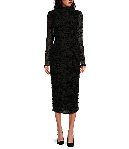 Belle Badgley Mischka Kelsey Ruched Lace Mock Neck Long Sleeve Bodycon Midi Dress