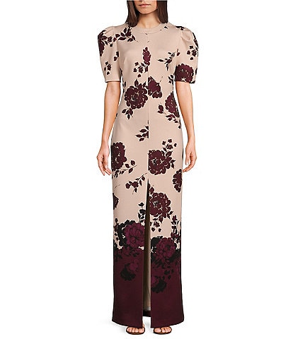 Belle by Badgley Mischka Nina Floral Print Knit Crew Neck Short Puff Sleeve Front Slit Sheath Maxi Dress