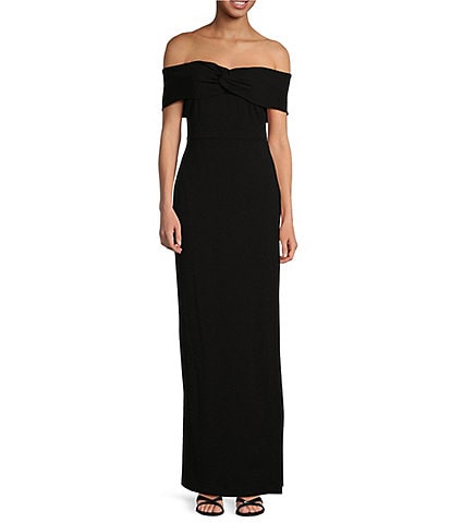 Belle Badgley Mischka Olivia Satin Chiffon Off-the-Shoulder Side Slit Column Dress