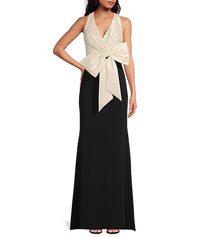Belle by Badgley Mischka Isabella Bow V-Neck Halter Dress