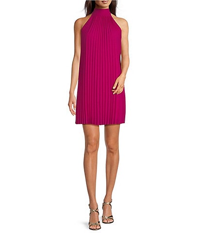 Belle by Badgley Mischka Lilia Georgette Pleated Halter Neck Sheath Dress