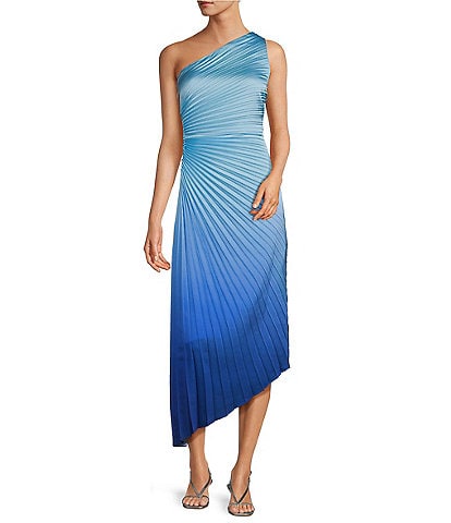 Belle by Badgley Mischka Maxx One Shoulder Ombre Pleated Midi Dress