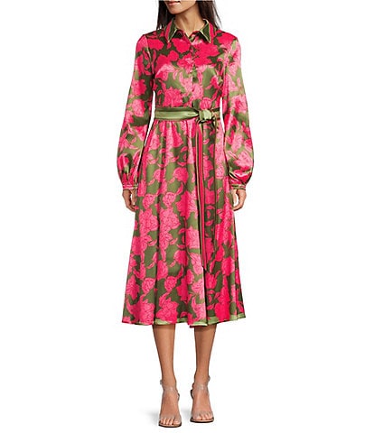 Belle by Badgley Mischka Sabrina Woven Floral Long Sleeve Belted Notch Collar A-Line Midi Dress