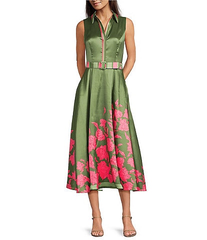 Belle by Badgley Mischka Samara Woven Floral Notch Collar Sleeveless Belted A-Line Midi Dress