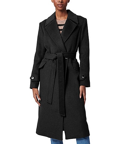 Bernardo Alpaca Wool Notch Lapel Collar Button-Tab Cuffs Sleeves Tie Waist Belt Double Breasted Coat