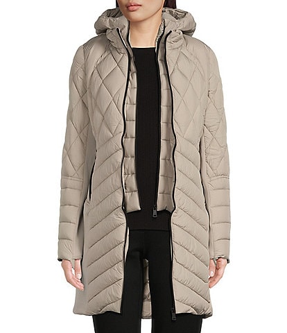 KARL LAGERFELD PARIS Quilted Asymmetrical Stand Collar Maxi Puffer