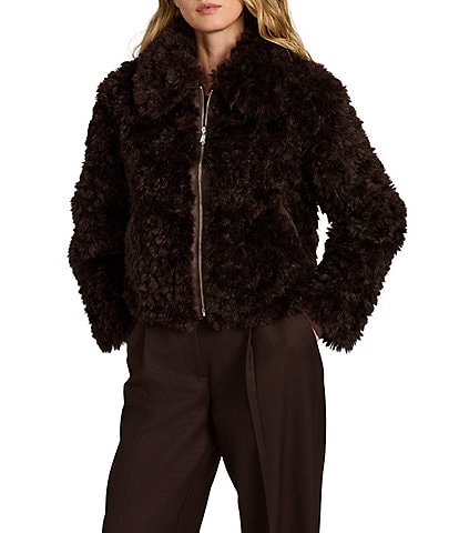 Bernardo Faux Fur Point Collar Short Zip Front Jacket