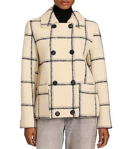 Bernardo Fuzzy Texture Wool Blend Plaid Notch Lapel Double Breasted Peacoat