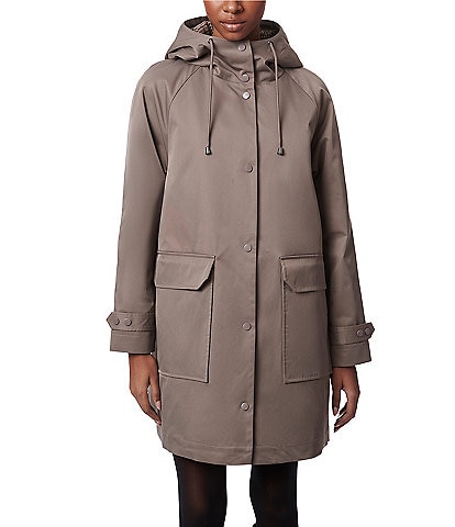 Bernardo Hooded Stand Collar Long Sleeve Draw Cord Raincoat