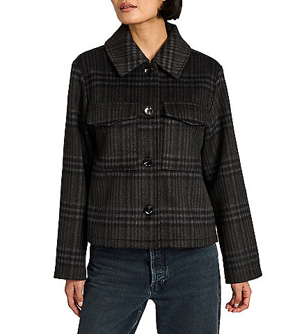 Bernardo Plaid Print Point Collar Button Front Field Jacket