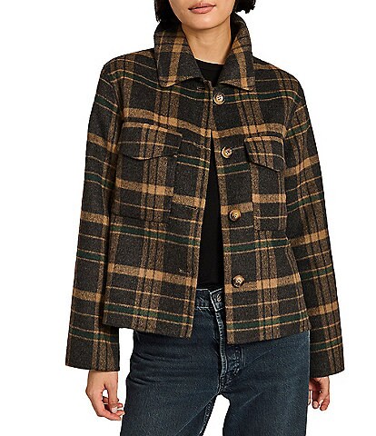 Bernardo Plaid Print Point Collar Button Front Field Jacket