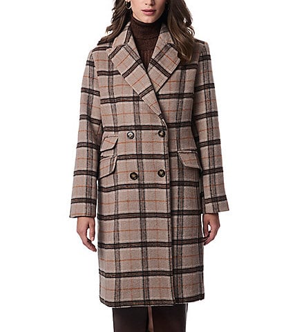 Bernardo Plaid Wool Notch Lapel Collar Long Sleeve Double Breasted Coat