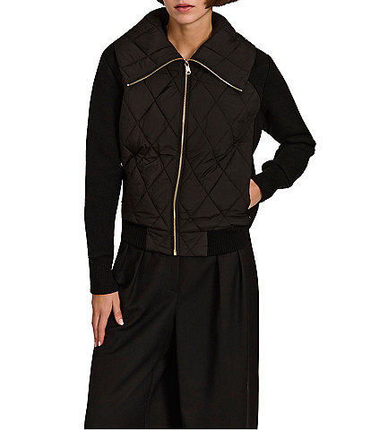 Bernardo Quilt Wide Point Collar Rib Sleeves Zip Front Bomber Jacket