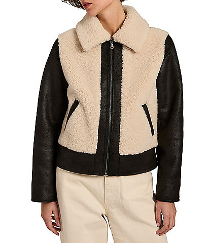 Bernardo Shearling Fur Point Collar Short Zip Front Jacket