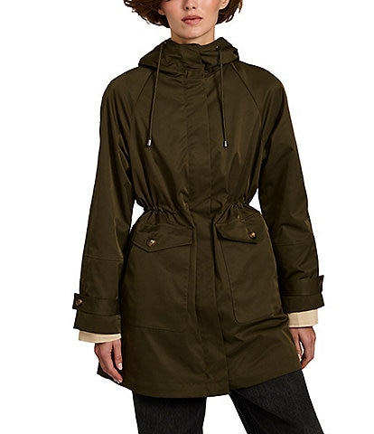 Bernardo Stand Collar Hooded Cinched Waist Zip Front Anorak Raincoat
