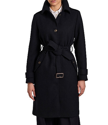 Bernardo Wool Blend Gingham Point Collar Belted Button Front Trench Coat