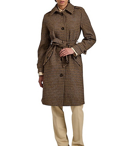 Bernardo Wool Blend Gingham Point Collar Belted Button Front Trench Coat
