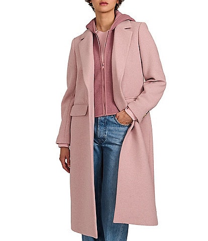 Bernardo Wool Blend Notch Lapel Rib Front Bib Button Front Top Coat