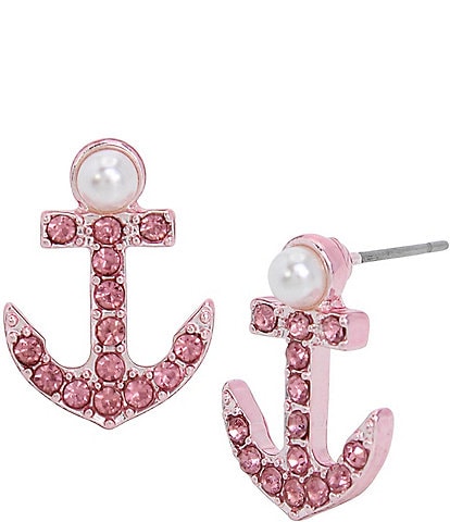 Betsey Johnson Anchor Pearl and Rhinestone Stud Earrings
