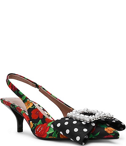 Betsey Johnson Birdy Floral Print Pearl Buckle Bow Slingback Kitten Heel Pumps