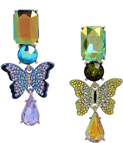 Betsey Johnson Crystal Butterfly Stones Mismatch Drop Earrings