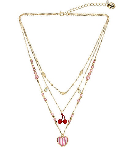 Betsey Johnson Cherry Illusion & Heart Charm Short Multi Strand Necklace