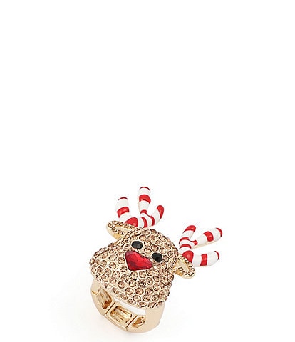 Betsey Johnson Christmas Candy Cane Reindeer Statement Cocktail Ring