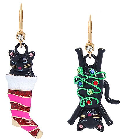 Betsey Johnson Christmas Cat Mismatch Drop Earrings