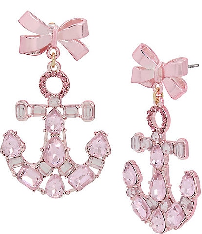 Betsey Johnson Pink Crystal Anchor Bow Drop Earrings