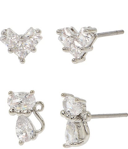 Betsey Johnson CZ Stone Delicate Cat & Bow Duo Stud Earrings