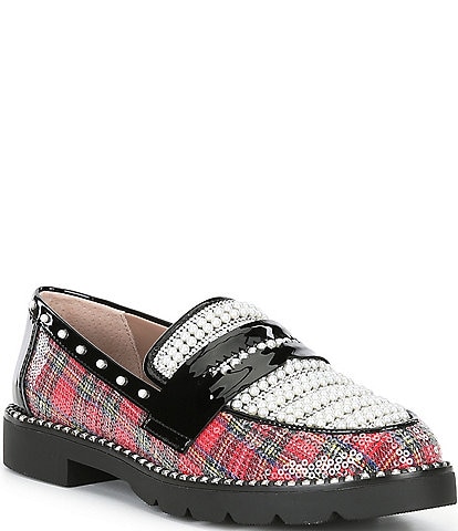 Betsey Johnson Darian Embellished Plaid Penny Loafers