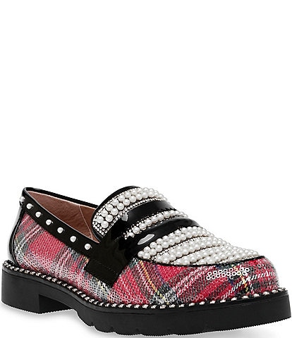 Betsey Johnson Darian Embellished Plaid Penny Loafers