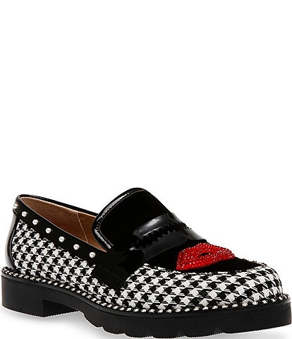 Betsey Johnson Darian Houndstooth Embellished Lips Penny Loafers