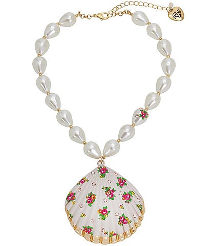 Betsey Johnson Floral Shell Pearl and Rhinestone Short Pendant Statement Necklace