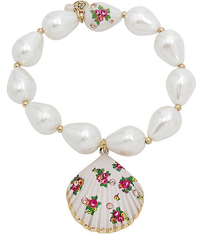 Betsey Johnson Floral Shell Pearl and Rhinestone Stretch Bracelet