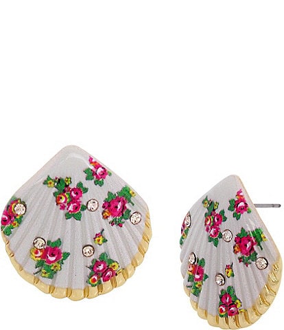 Betsey Johnson Floral Shell Rhinestone Button Stud Earrings